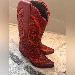 J.B. Dillon Red Glitter Inlay Cowgirl Boots